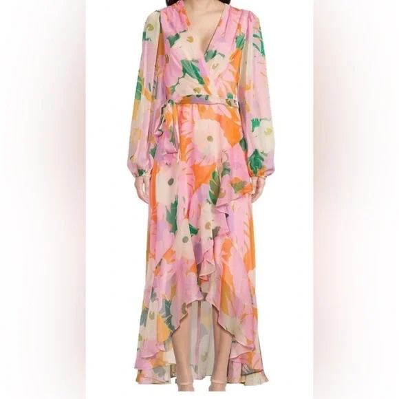 alex marie pink dress Alex Marie Maxi Dress Women Pink Floral Metallic Ruffle Boho SIZE 8